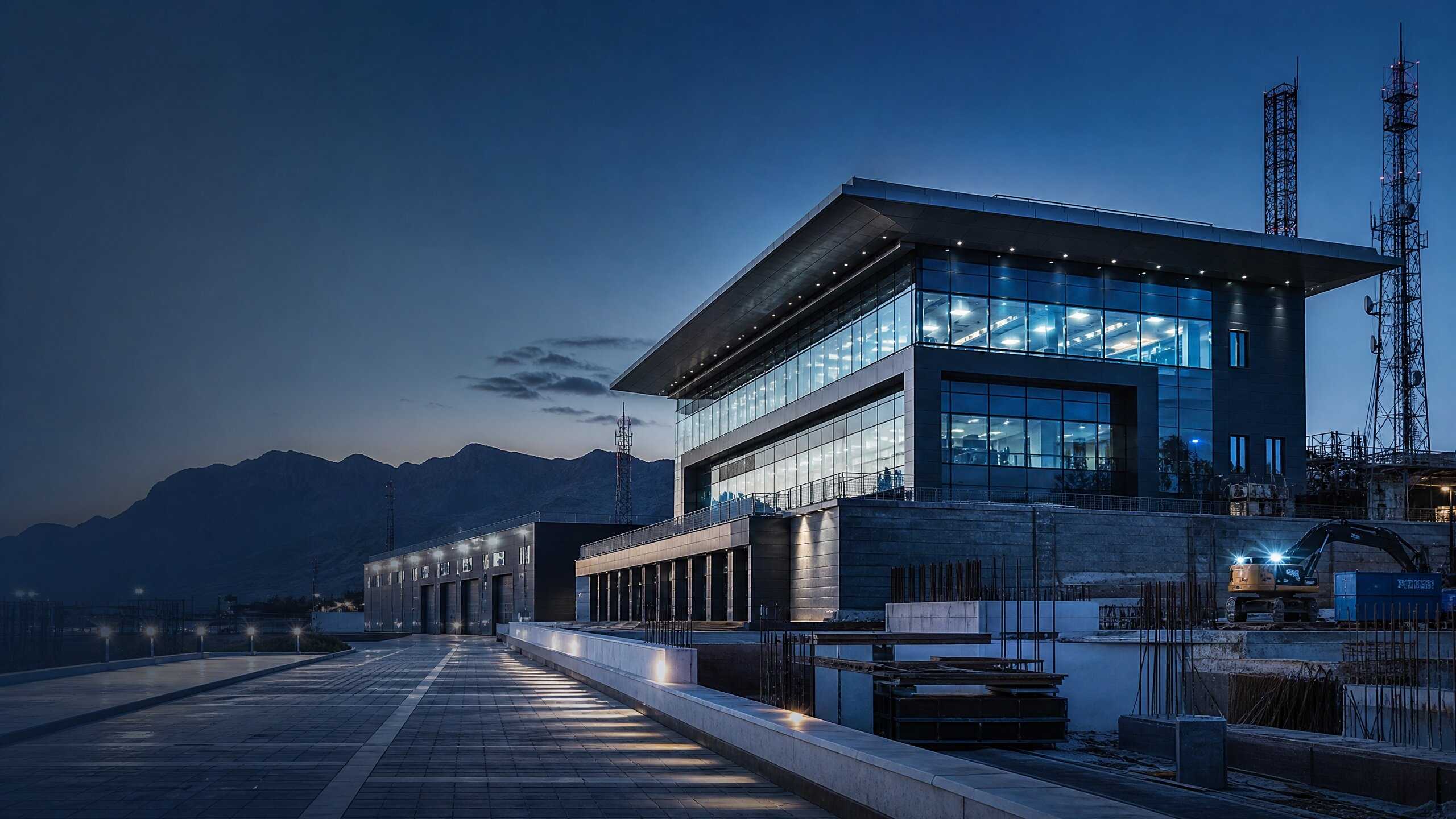 Modern infrastructure project at blue hour